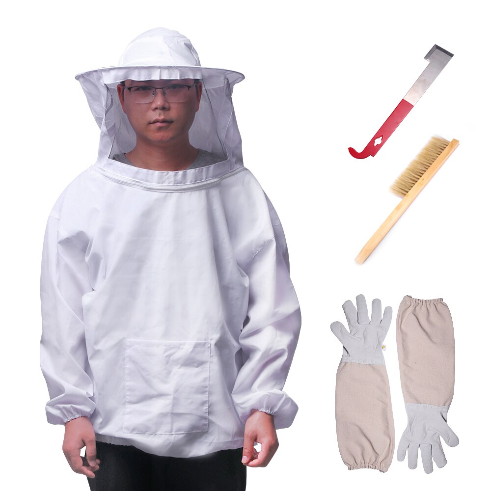 4 unids/set herramienta de equipo de apicultura chaqueta transpirable velo guantes de manga larga nido de abeja cepillo velo conjunto de jardín herramienta traje