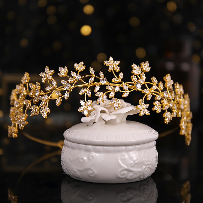 Gold Zircon Flower Crystal Tiara - Baroque Vintage Rhinestone Queen Princess Royal Crown - Bridal Diadem