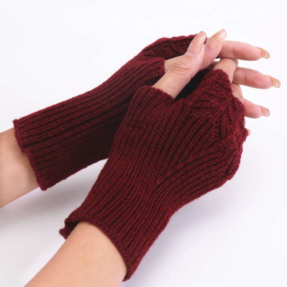 Woman Ladies Fingerless Gloves Winter Warm Soft Knitted Mittens ST007: Burgundy