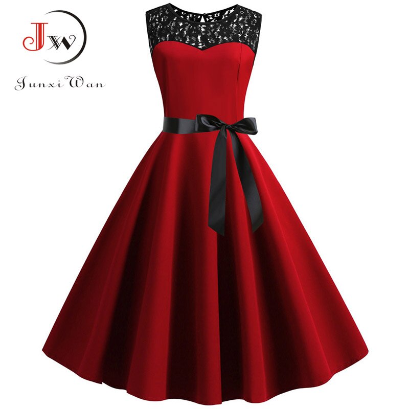 Party Dress Women Summer Lace Vintage Vestidos 50s 60s Rockabilly Swing Dress Casual Midi Dresses: S / Brown