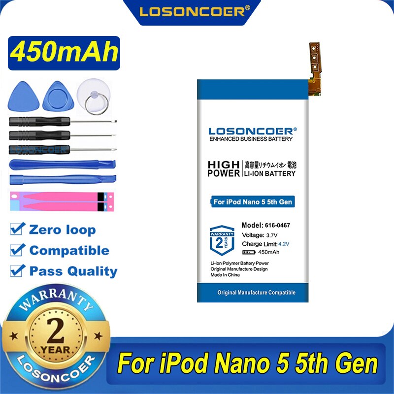 LOSONCOER-batería Original de 450mAh para Apple iPod Nano 5 DE 5. ª generación, 616-0467, herramientas gratuitas