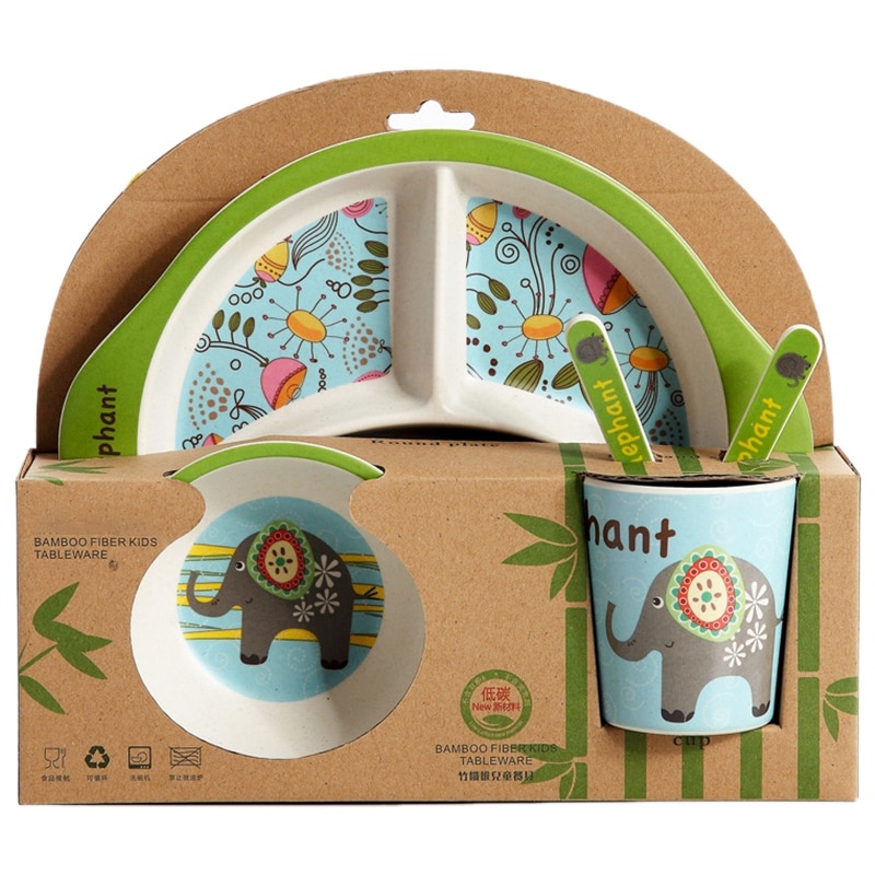Bamboo Fiber Baby Cartoon Eating Tableware Kids Dinner Plate Toddler Feeding Dishes Children Training Bowl Spoon Fork 5Pcs/Set E: Default Title