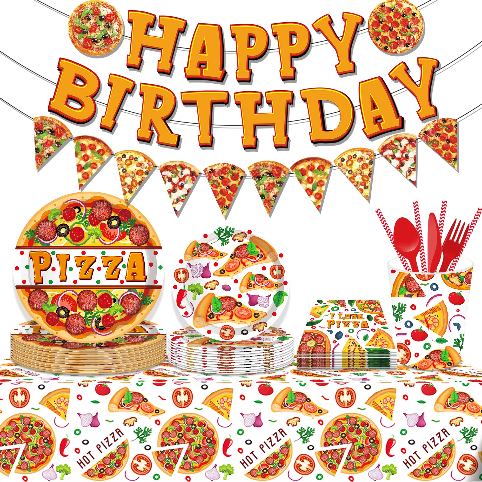 Cartoon Pizza Food Party Wegwerpservies Sets Verjaardag Barbecue Camping Borden Kopjes Servetten Baby Shower Party Picknick Decor