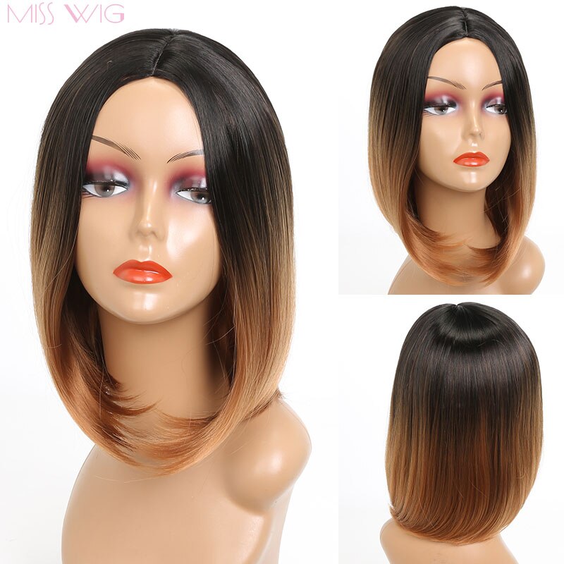 Miss Pruik Korte Rechte Ombre Roze Hittebestendige Bob Pruik Voor Vrouwen Zwart Ombre Kleur Synthetisch Haar: T27/30/4