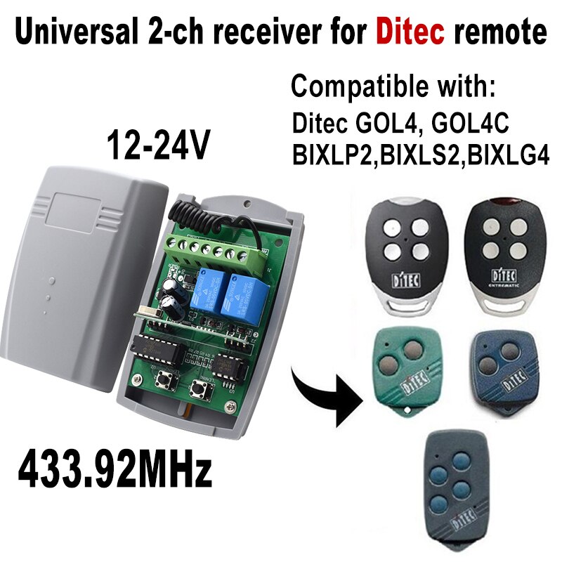 Ditec GOL4 GOL4C BIXLP2 BIXLS2 BIXLG4 433.92mhz Garage Gate Remote Control Receiver 2 Channel 12V 24V Universal Receiver