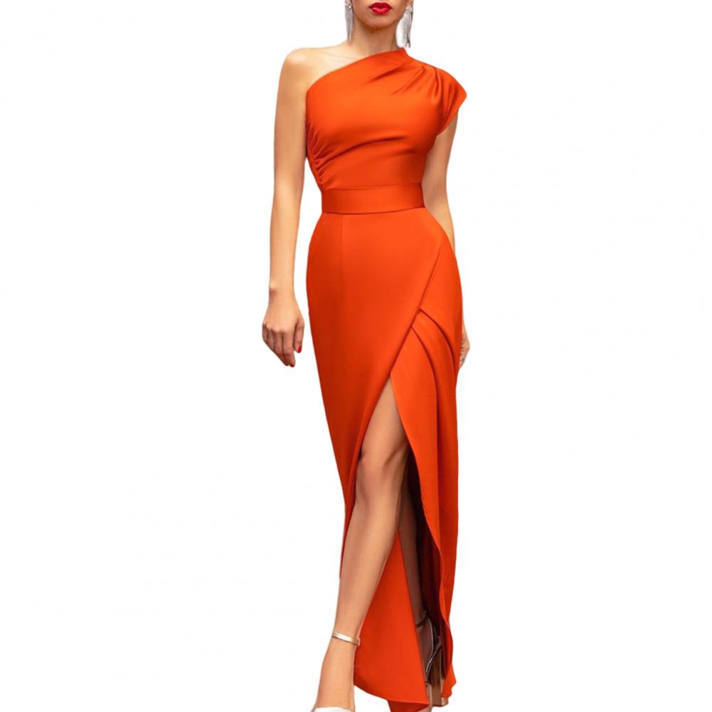 Ball-Abendkleid für Damen, ärmellos, eine Schulter, schmale Passform, enge Taille, hoch geschlitzt, hohe Taille, schräges Party-Maxikleid: L / Orange