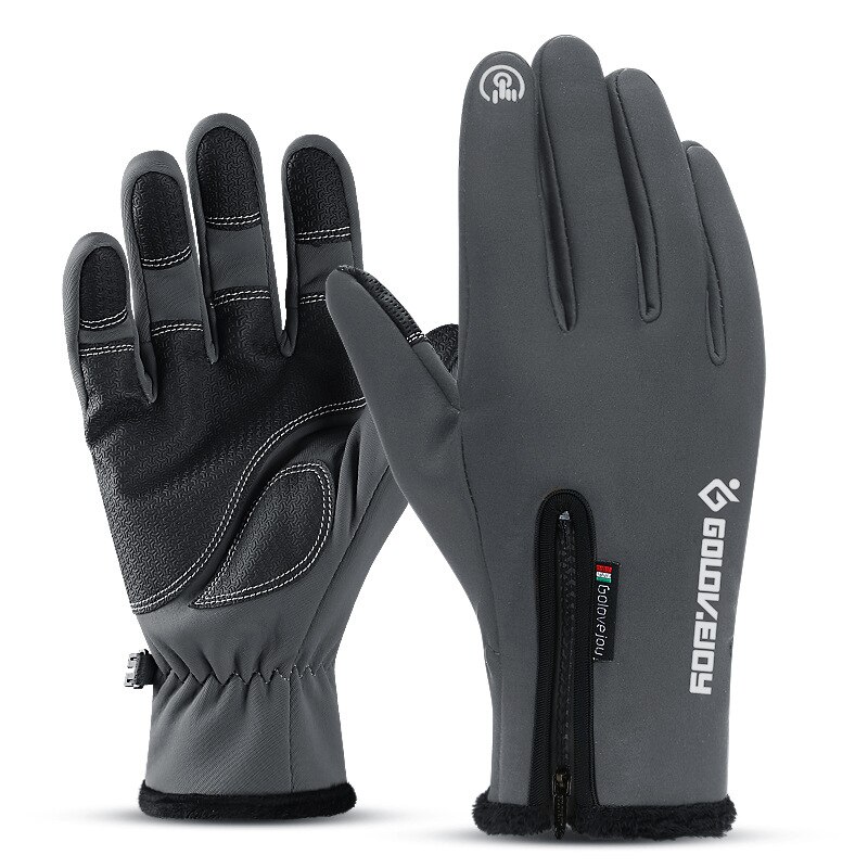 Winter Waterproof Men's Gloves Touch Screen Anti-Slip Zipper Cold-proof Gloves Women Riding Skiing Warm Thicken Fluff Gloves: dark grey / L Palm Width 8-9CM