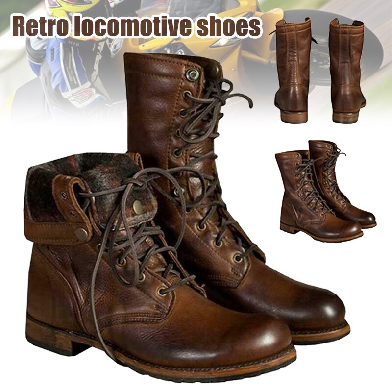 Homens punk motocicleta retro tornozelo botas de couro falso rendas até sapatos para o outono inverno hb88