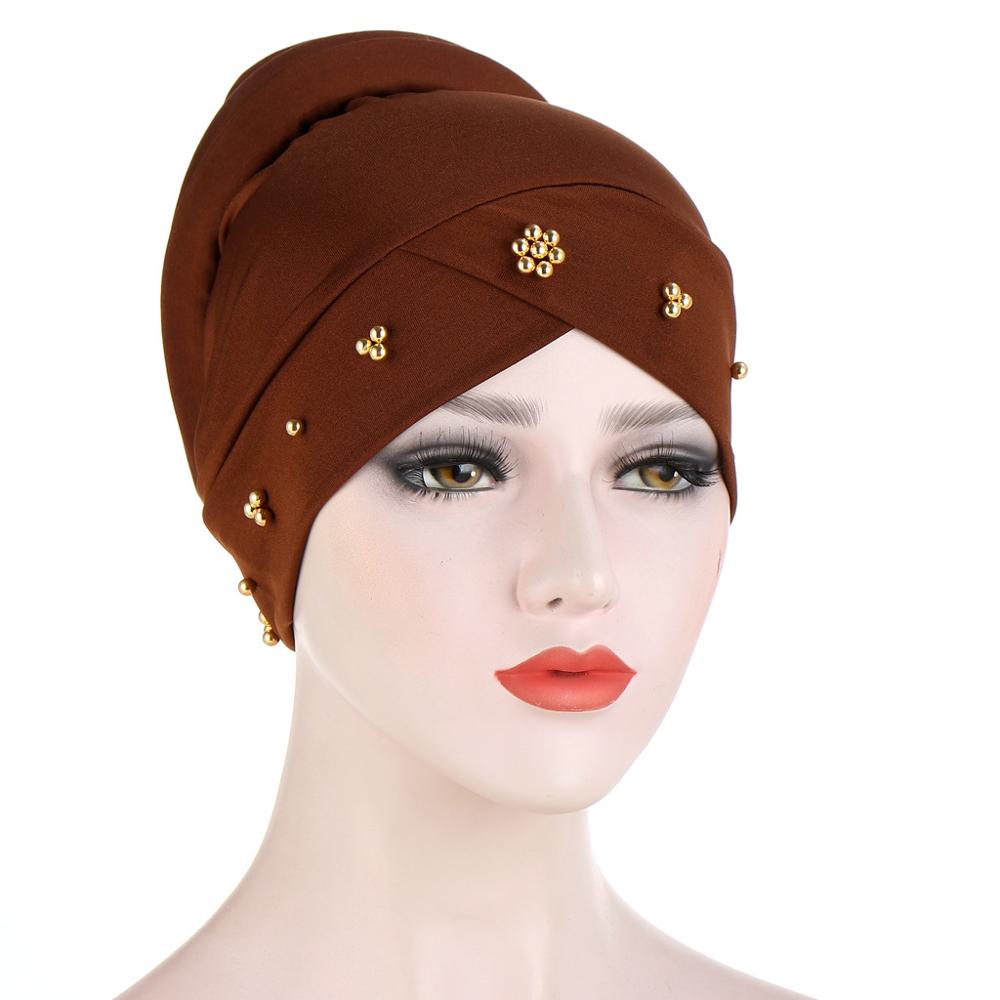 Turbante con cuentas, Turbante elástico musulmán para mujer, gorro interior hiyab cruzado para la frente, gorro árabe para envolver la cabeza, gorros para Hijab: 7
