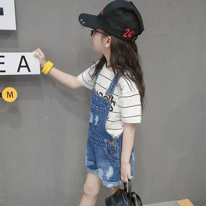 Pantalones cortos de mezclilla para niñas, mono con tirantes para niños, monos para niñas, pantalones vaqueros informales con agujeros, ropa para adolescentes