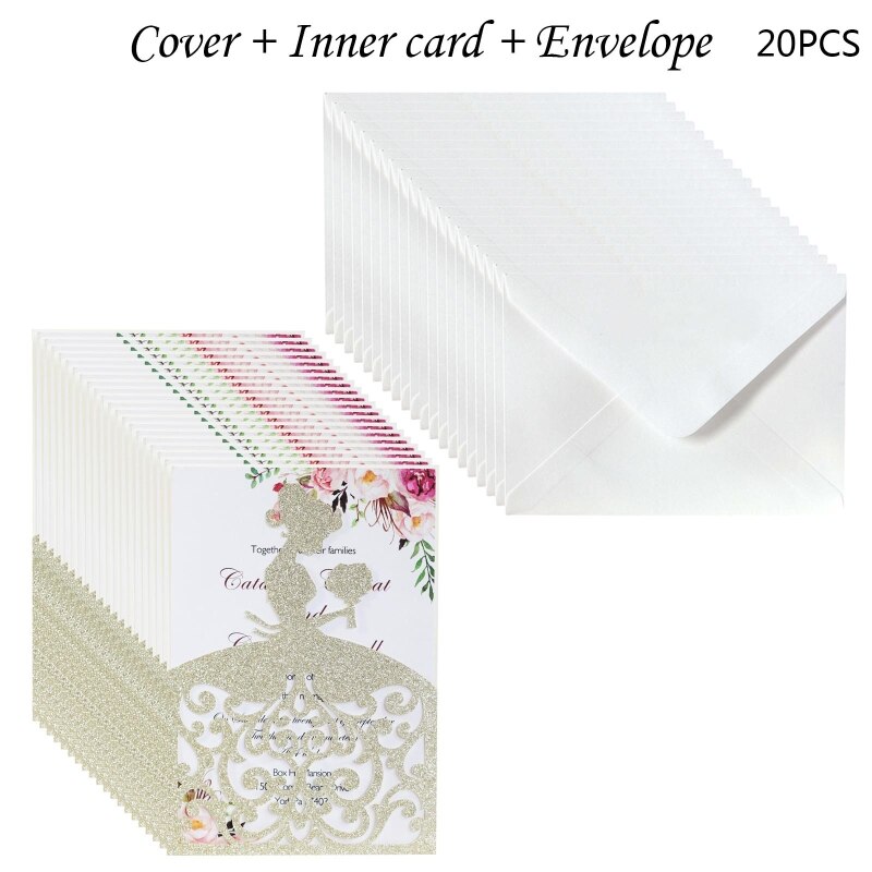 20pcs/set Wedding Invitations Cards Glitter Girl Greeting Card Invite Envelopes 67JB: 5AC304879-GNGD