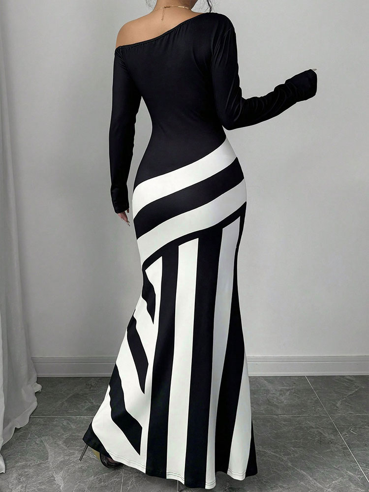 Nuevos vestidos largos para mujer, ropa de calle de otoño, de retazos en blanco y negro, vestidos ajustados informales, vestido de punto para mujer, ropa