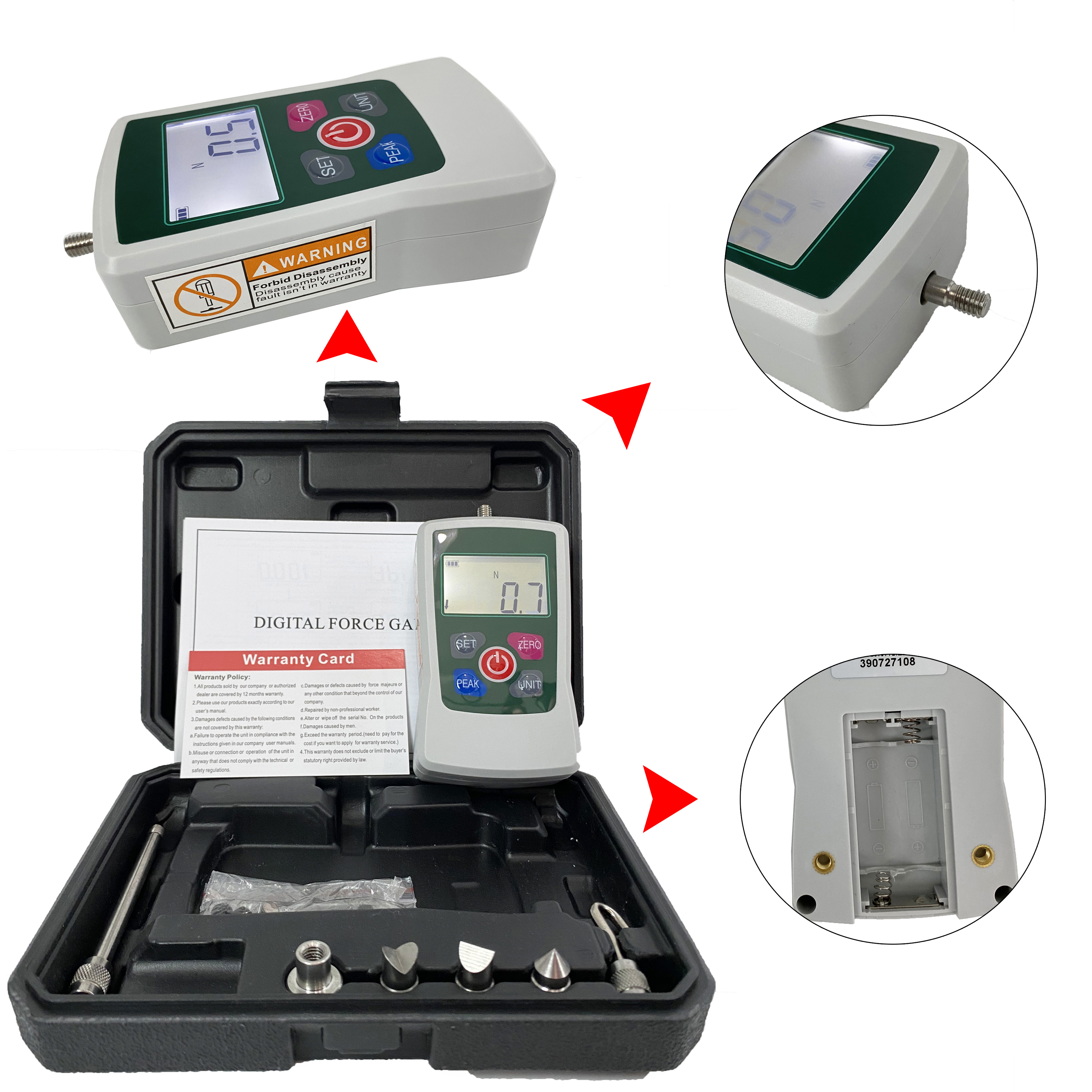 Digital Push Pull Force Gauge Meter Tester with Max 500N N Kg Lb Oz Four Units Maximum Load Value 500N 50kg 110Lb 1800Oz