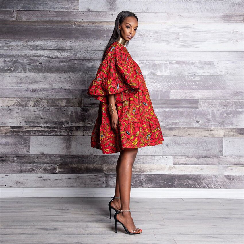 Afrikaanse Jurken Voor Vrouwen Dashiki Mode Kleding Afdrukken Rijke Bazin Swing Ruche Mouw Losse Dames Kleding