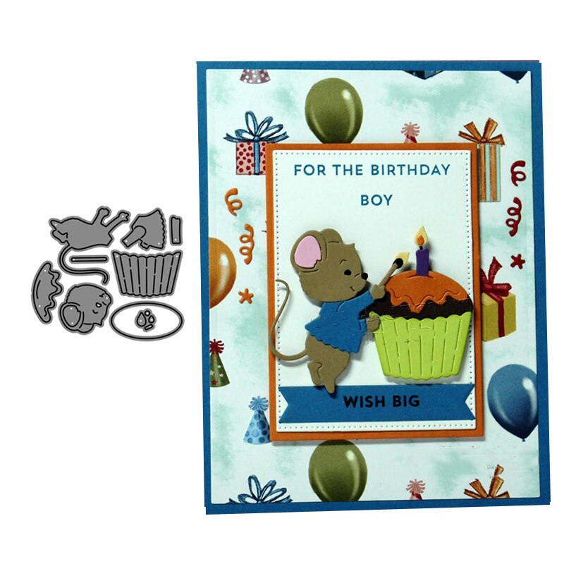 Verjaardag Mouse Cupcake Metalen Stansmessen Embossing Scrapbooking Stencil Craft Cut Sterft Voor Diy Kaart Handgemaakte