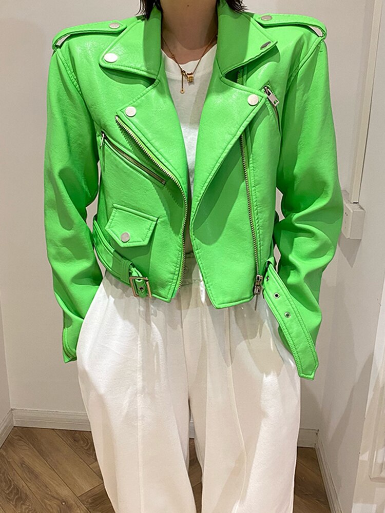 Lautaro-korte groene gekko biker leren jas voor dames, lange mouw, ritsriem, gekleurde stijlvolle bovenkleding, Y2K mode, 2024: XS / green