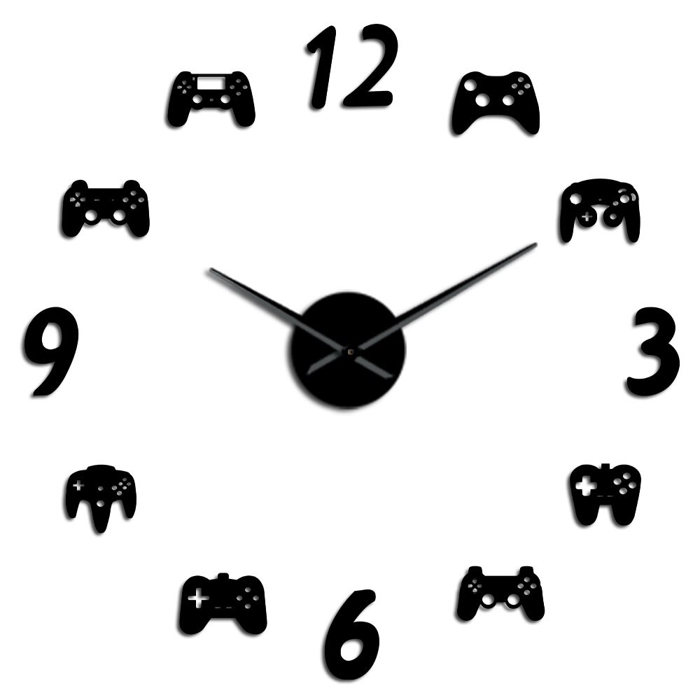 Gamepad DIY Wall Clock Modern Video Game Controllers Giant Wall Clock 3D Mirror Effect Wall Decor Sticker Huge Wall Watch: Black / 47inch