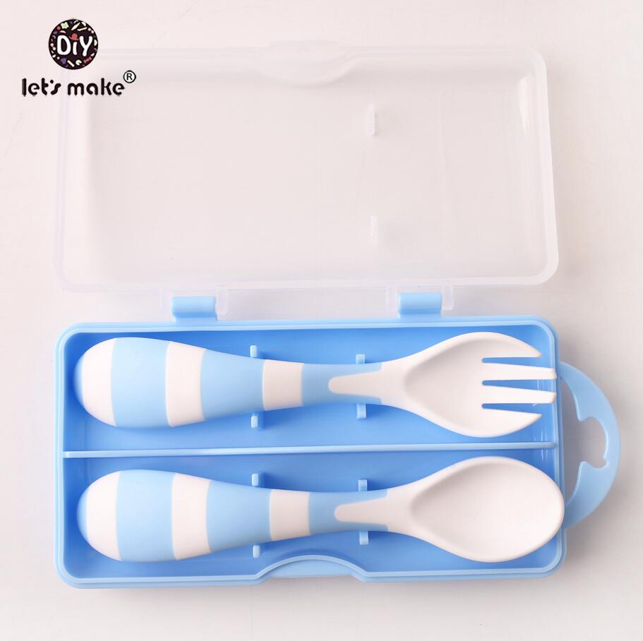 Låt oss göra babyskedar som matar rätter bestick för barn bestick bestick färre sked plast med låda babyredskap: Blå sked