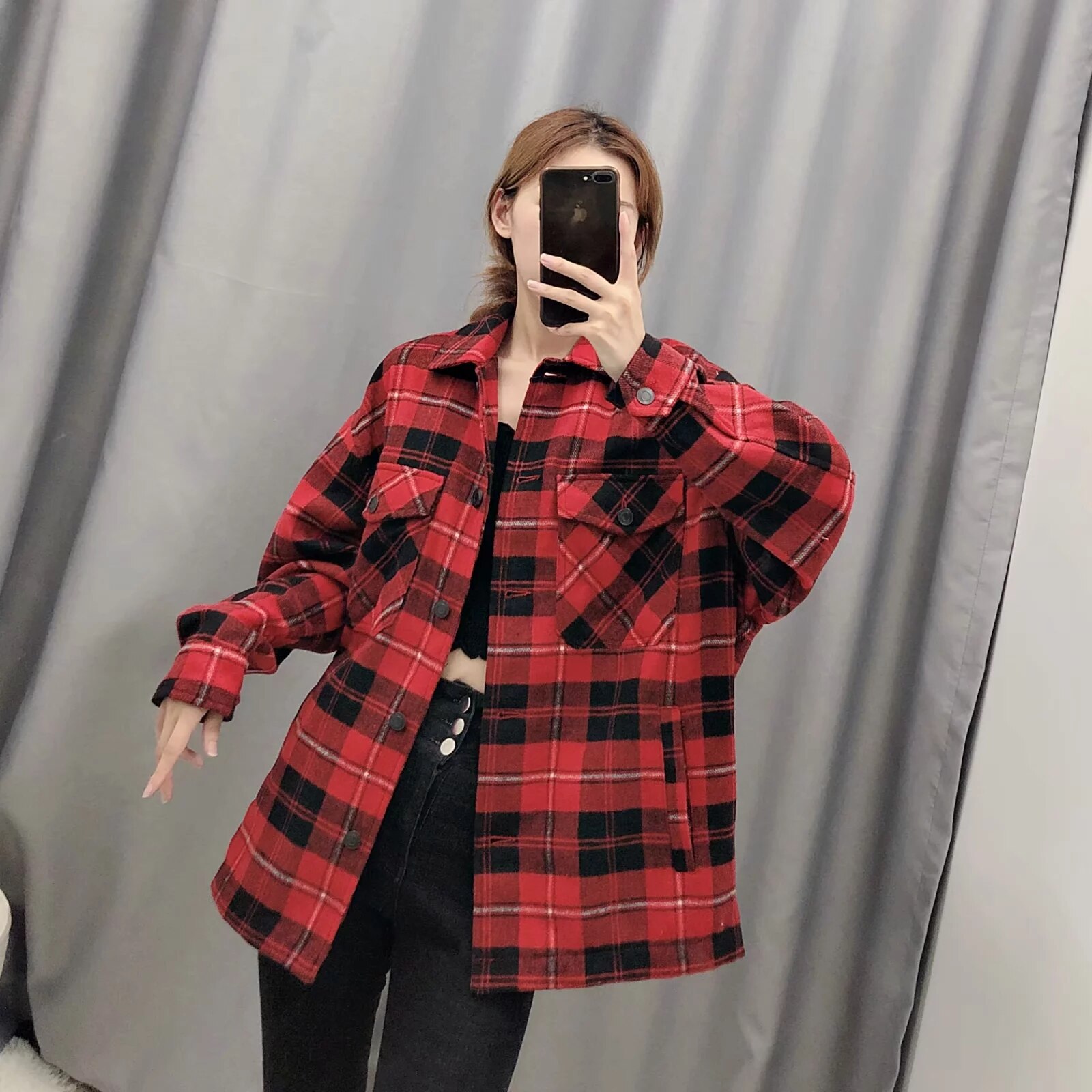 green red Plaid jacket for women winter coat Long Sleeve office coats and jackets women Oversized bomber jacket