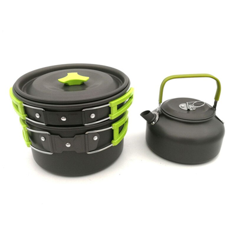 Vilead draagbare kampeerset met pot, pan en waterkoker van aluminiumlegering, servies voor buiten, kookgerei, 3 stuks/set, theepot, kookgereedschap voor picknick en barbecue.: Groene kookgerei