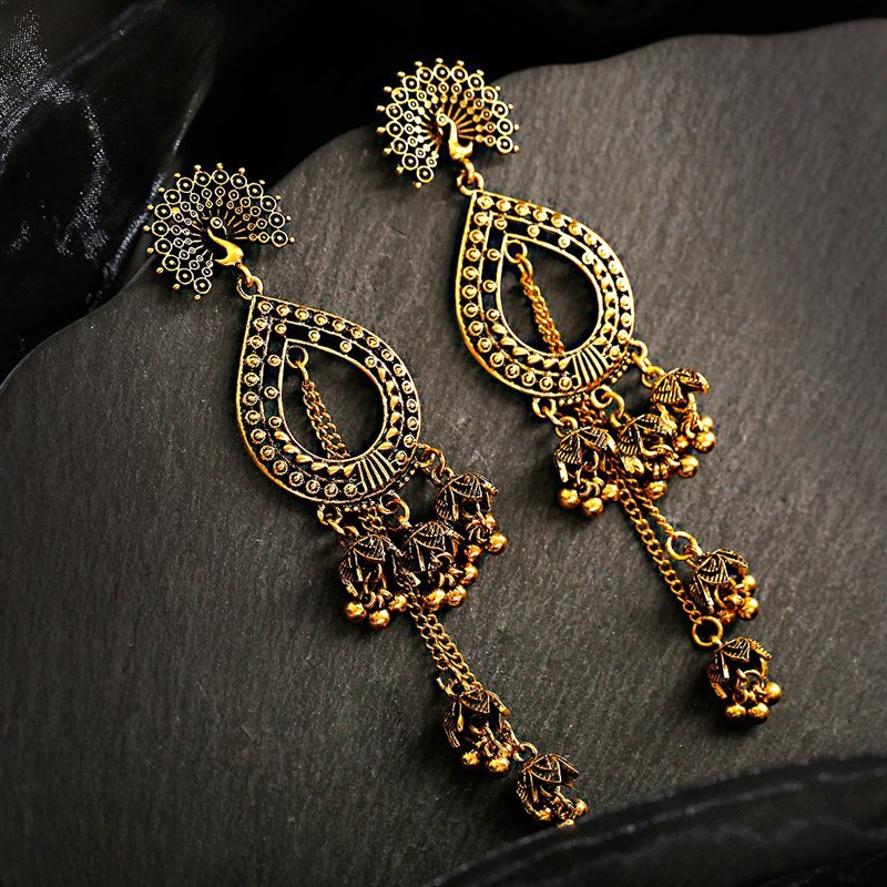 Vintage Indian Bollywood Kundan Peacock Carved Jhumka Jhumki Water Earrings Women Boho Ethnic Long Tassel Earring Jewelry