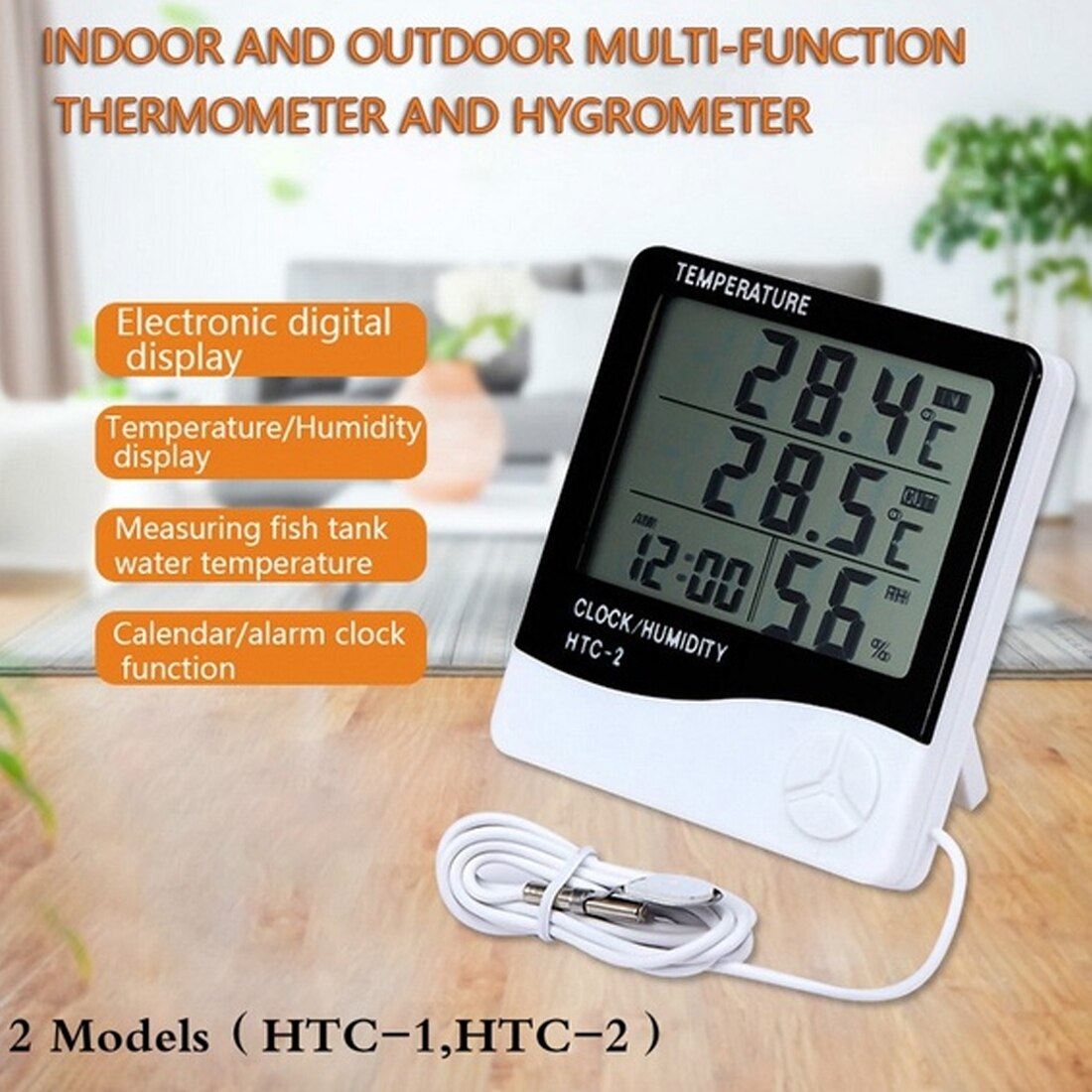Digital LCD Thermometer Hygrometer Weather Station Sensor Probe Temperature Humidity Tester Clock Alarm Wall Indoor Outdoor
