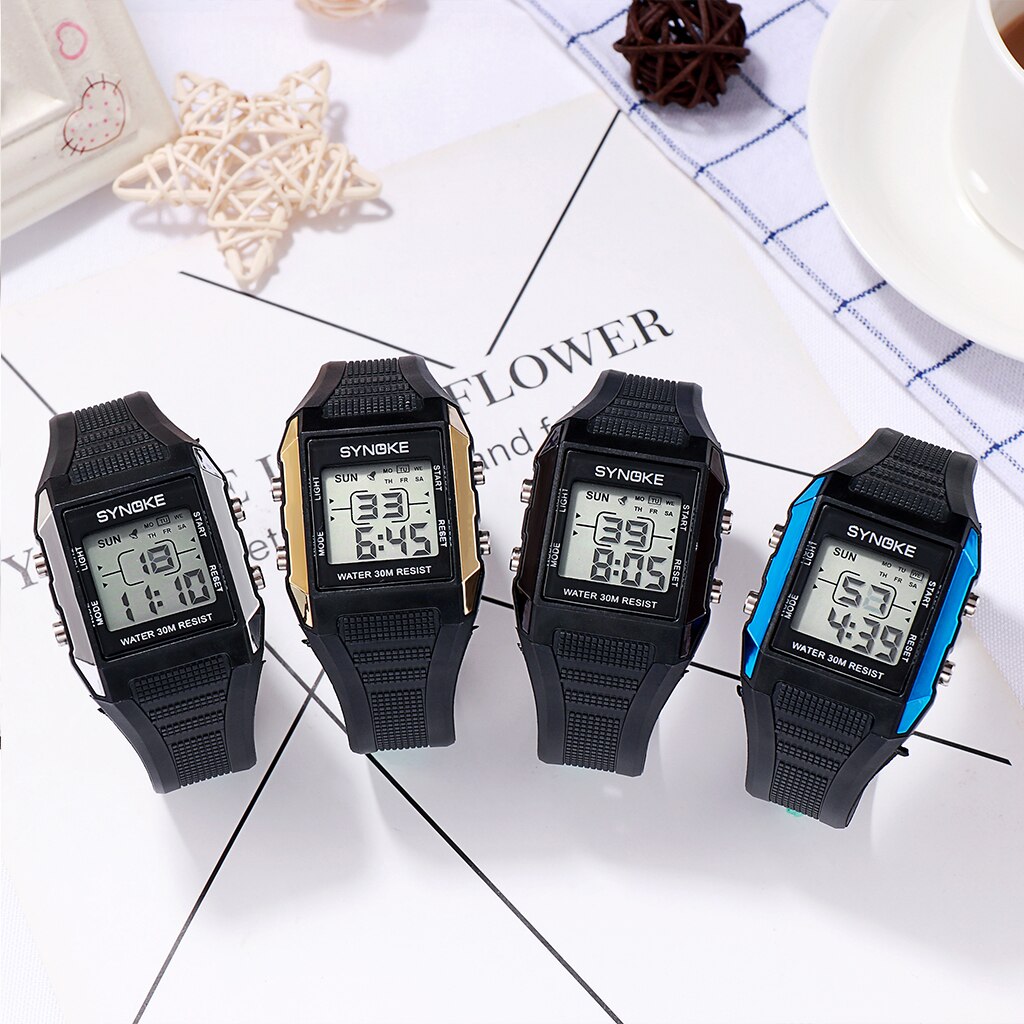 SYNOKE Mannen Horloge Digitale LED Horloge Waterdicht Lichtgevende Wijzerplaat Alarm Timing Multifunctionele Horloges relogios digitais desportivos
