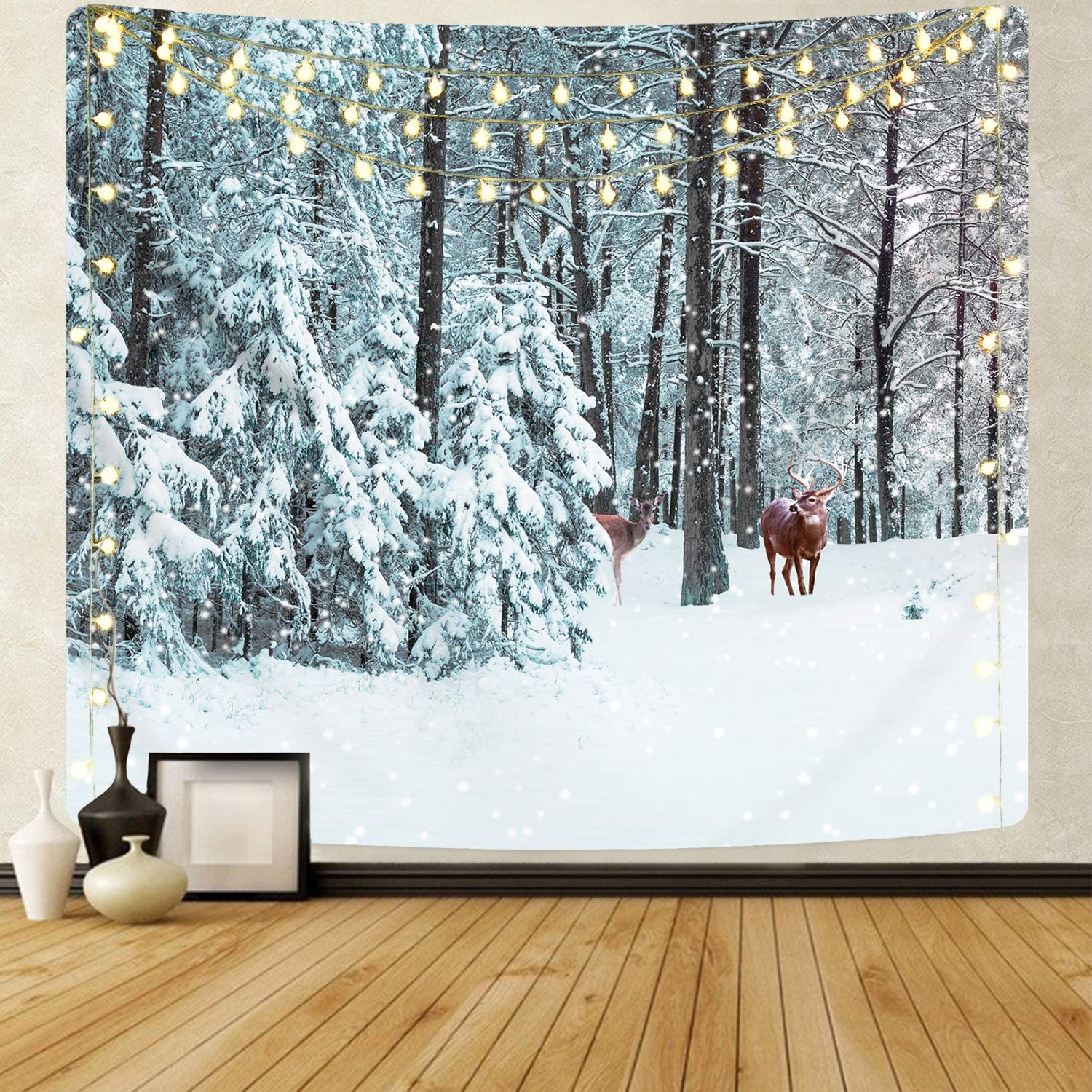 Merry Christmas Tapestry Deer Wall Tapestry Snow Forest Woodland Winter Nature Landscape Tapestries For Xmas Home Decoration: W180 x H180 cm