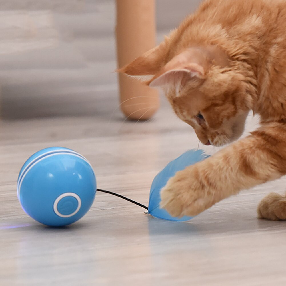 Juguete interactivo para gatos con carga USB, bola giratoria automática, juguete de plumas, LED/campana integrada