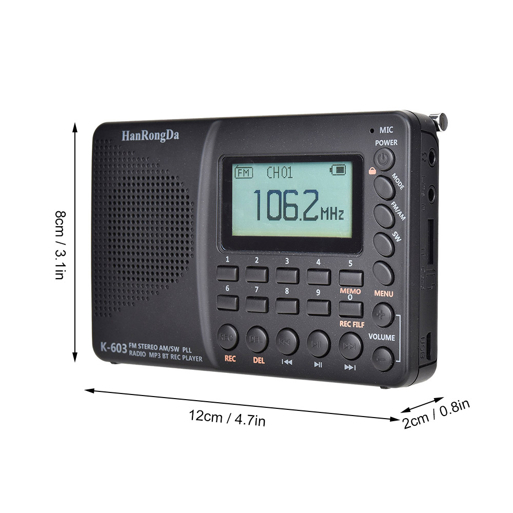 Portable Radio HRD-603 Radio FM/AM/SW TF Pocket Radio BT USB MP3 Digital Recorder Support TF Card Bluetooth