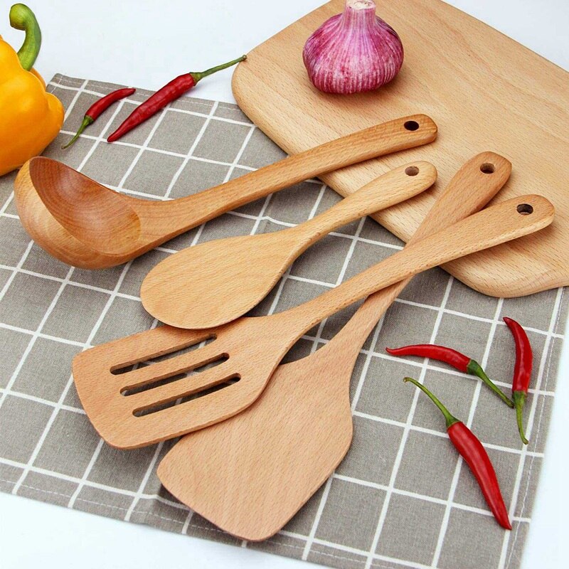 Wooden Cooking Utensils, 4-Piece Wood Cooking Spoons, Cooking Utensil Set, Wood Spoon for Nonstick Cookware, Utensils