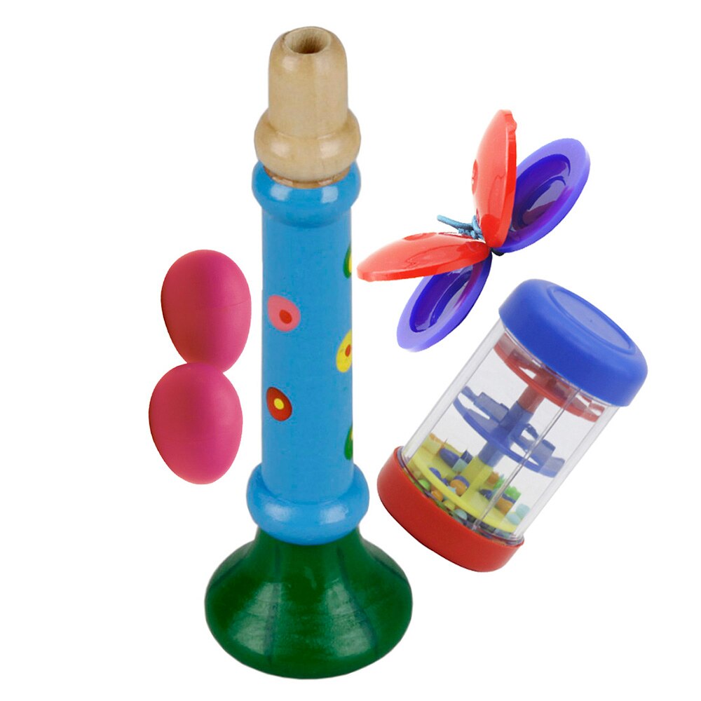 Musical Toys Percussion Instruments Band Rhythm Kit Including Wooden Horn + Rain Stick + Egg Shape Maracas + Castanets