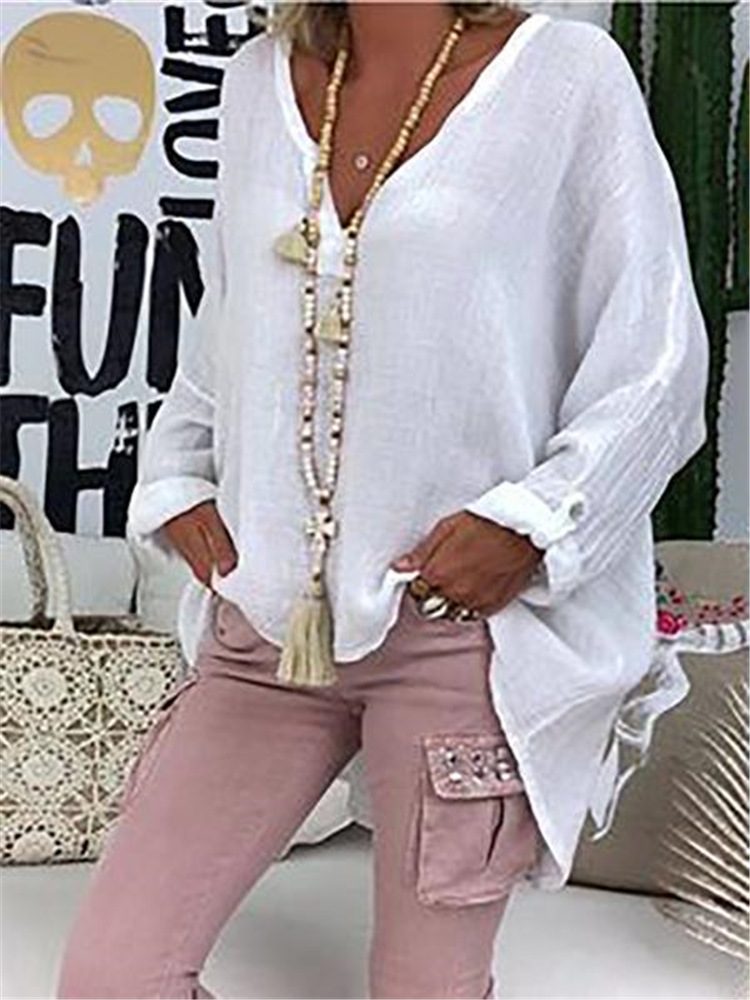 6-- farvet løs skjorte til kvinder, afslappet ensfarvet top, forår, efterår, v-hals, langærmet bluse