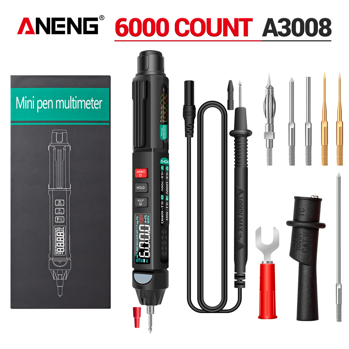 Aneng  a3008 digital multimeter automatisk intelligent sensor penntestare 6000 siffror beröringsfri spänningsmätare multimeter polimetro: Vit