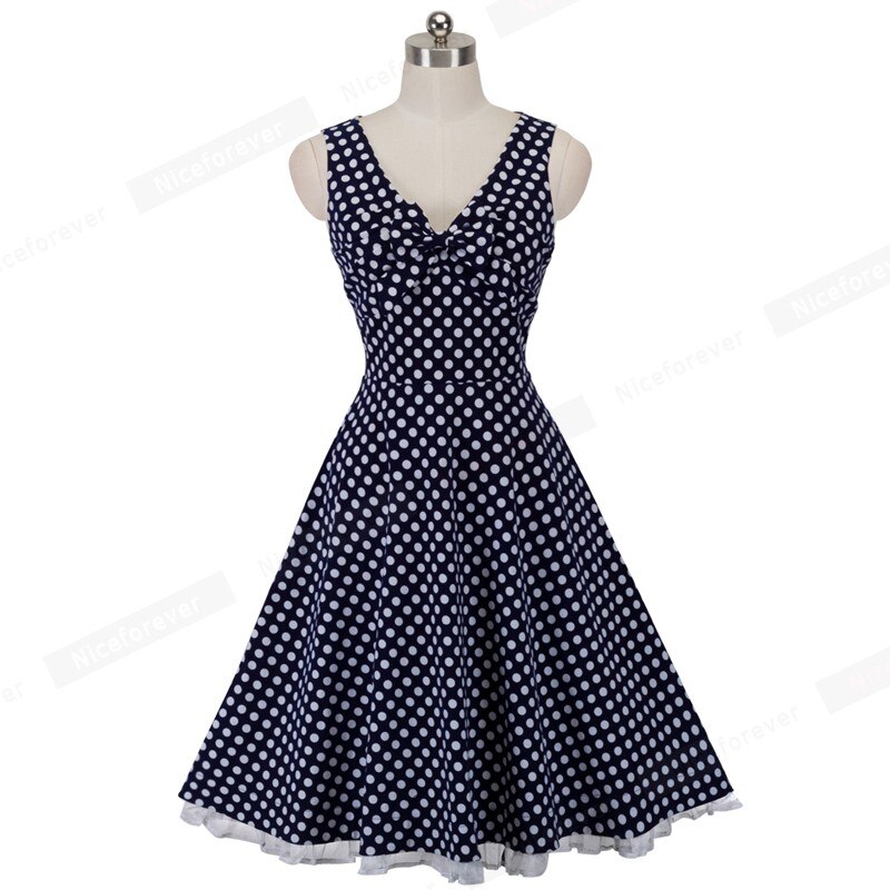 Nice-forever sommer kvinder 1950 retro polkaprikkede kjoler fest a-line blusset kvindekjole  a007