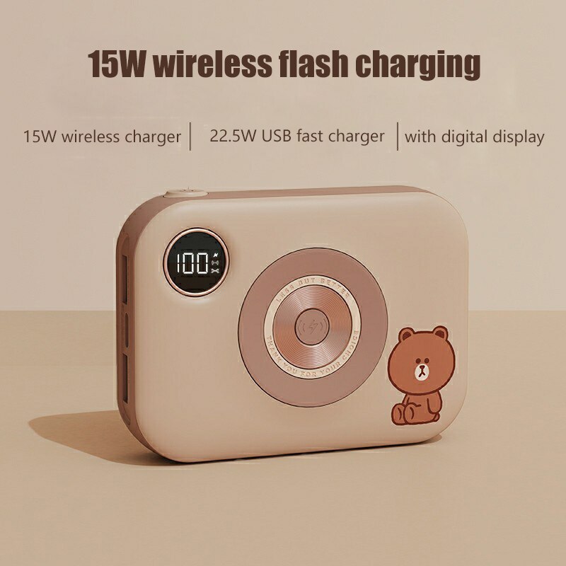 10000Mah Power Bank Met Draadloze Oplader Grote Capaciteit Draagbare 15W Draadloze Oplader Power Bank Leuke Camera Stijl Power bank