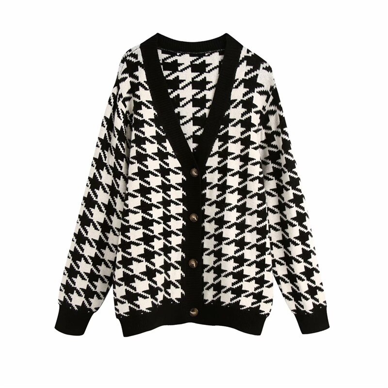 Evfer-cardigan pied de poule pour femmes, pull tricoté noir, pull à carreaux Chic, col en v, à manches longues, automne décontracté: black / M