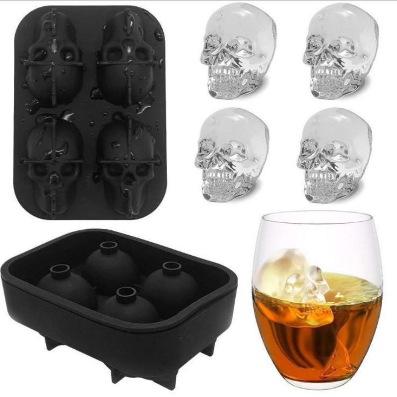 1pcs 3D Skull Flexible Silicone Ice Cube Mold Tray Makes Four Giant Skulls Round Ice Cube Maker Black