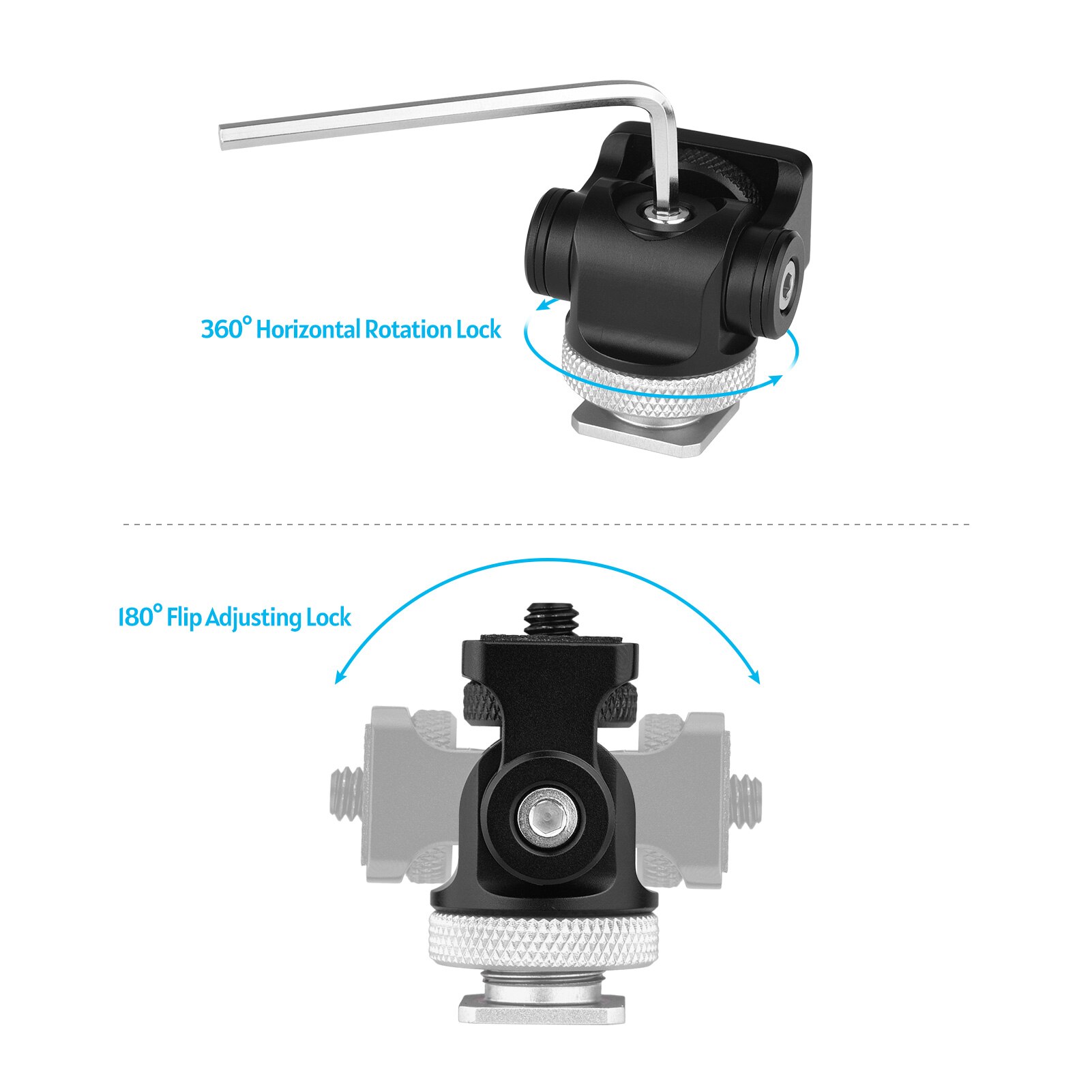 Andoer-monitor de câmera rotativa 360 °, adaptador para sapato a frio, interface de 1/4 polegadas, chave allen, para monitor e microfone de luz led