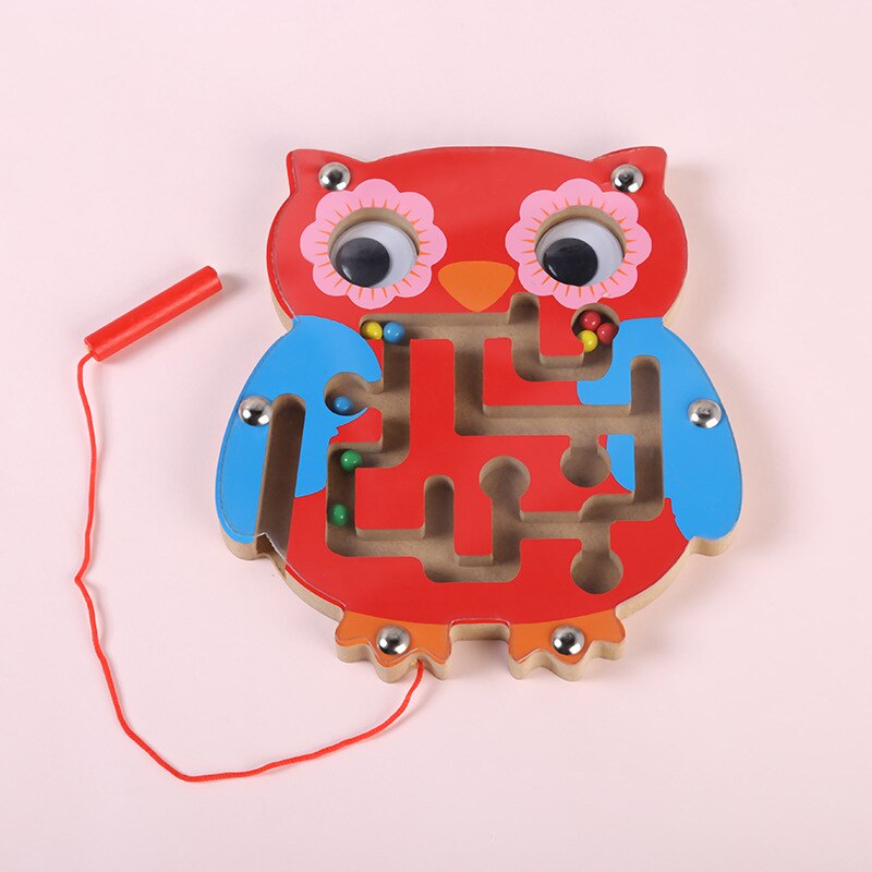 1pc Per Bambini Labirinto Magnetico Giocattolo Gioco della Palla di Legno Prima Educazione Intellettuale Bordo Di Puzzle Creativo Anello Regalo Genitore-bambino bambino Giocattoli: owl