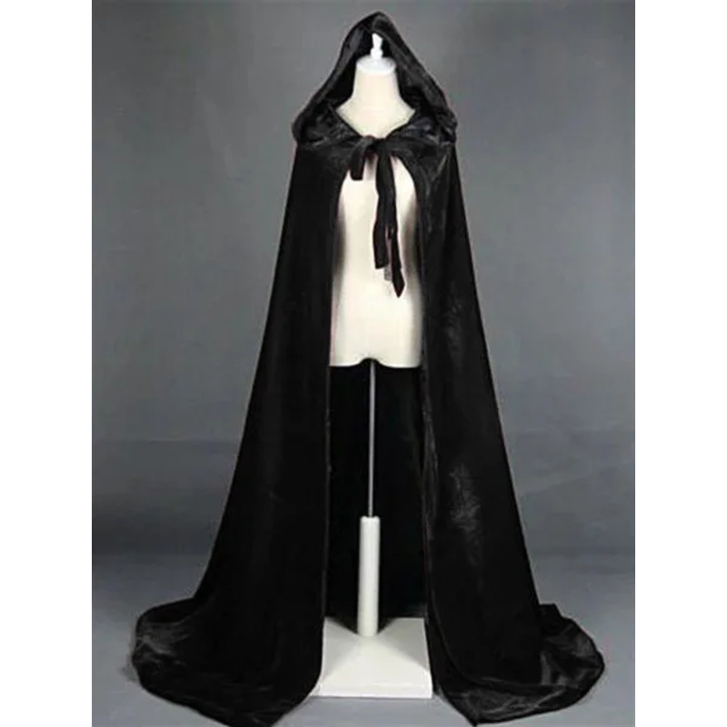 Hooded Cloak Long Velvet Cape Robe Green Black Red Halloween Carnival Purim Coats Medieval Witch Wicca Vampire Costume For Adult