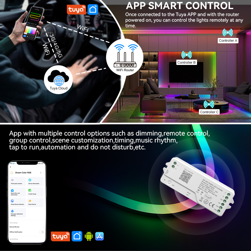 Tuya WiFi Addressable LED Controller WS2815/13 WS2811 WS2812B SPI RGBWIC RGBIC LED Strip Dimmer LED Controller 5-24V Pixel Strip