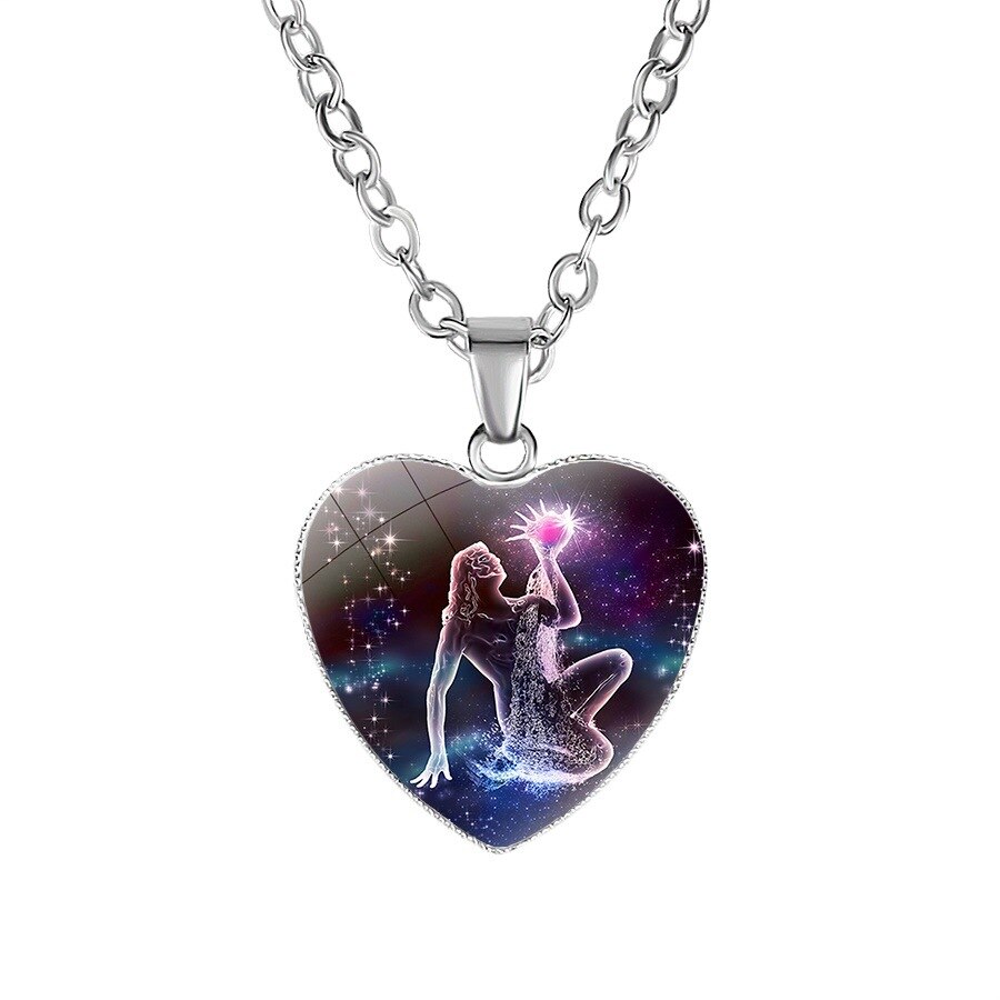 12 Sterrenbeeld Ketting Voor Vrouwen Glas Constellation Hart Vormige Hanger Kettingen Choker Vrouwelijke Mode Verjaardag Sieraden: Aquarius