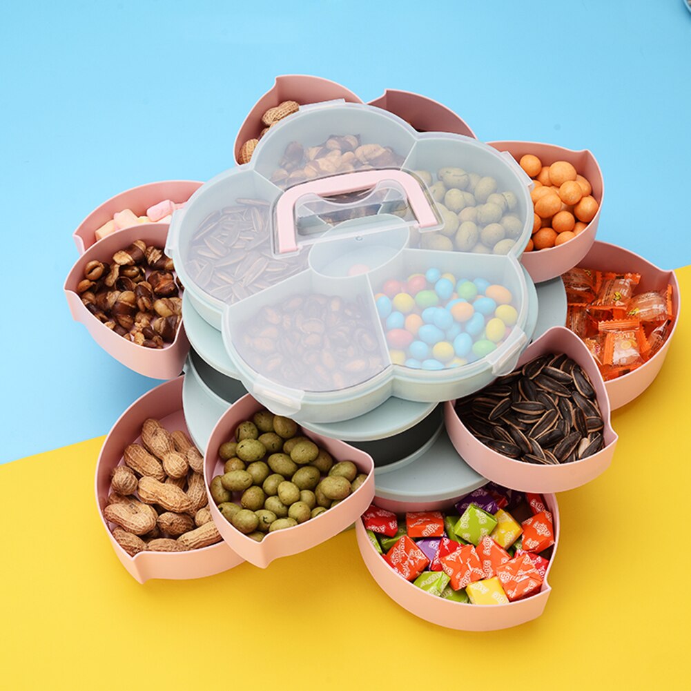 Bandeja giratoria para dulces con forma de pétalo de tres pisos, caja de almacenamiento de alimentos, platos de dulces de boda, organizador de compartimentos para frutas secas