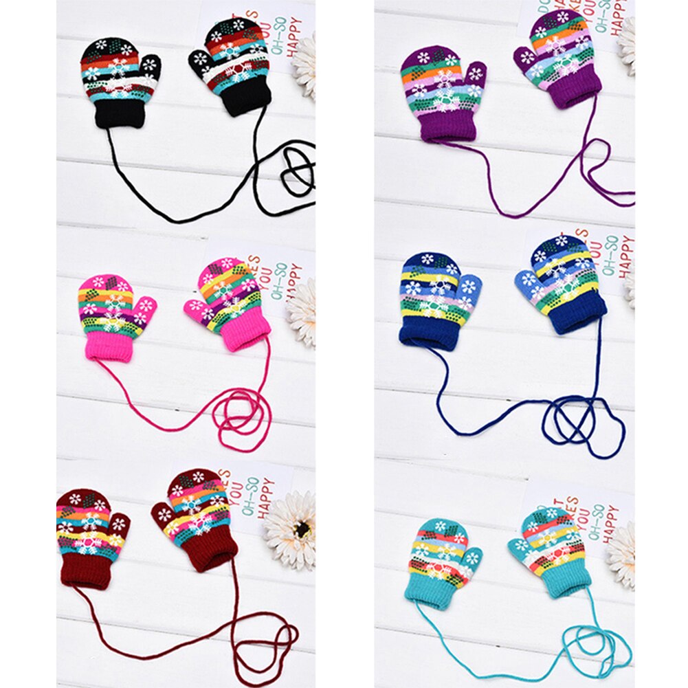 Winter Children's Warm Gloves for Baby Boys Girls Christmas Gloves Mittens Cute Knit Warm Finger Covered With Lanyard Kids