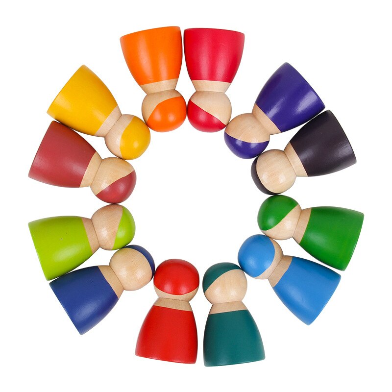 Montessori Wooden Rainbow Block Colorful Wooden Toys Matching Rainbow Stacker Learning Educational Counting Toy