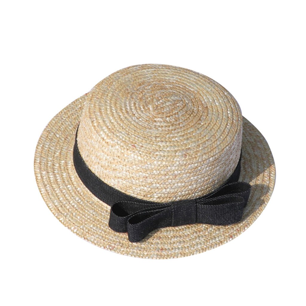 Summer Parent-child Women Baby Kids Girl Beach Bow Straw Hat Flat Brim Sun Hat Cap Suitable for taking photos Net Red Hat: C