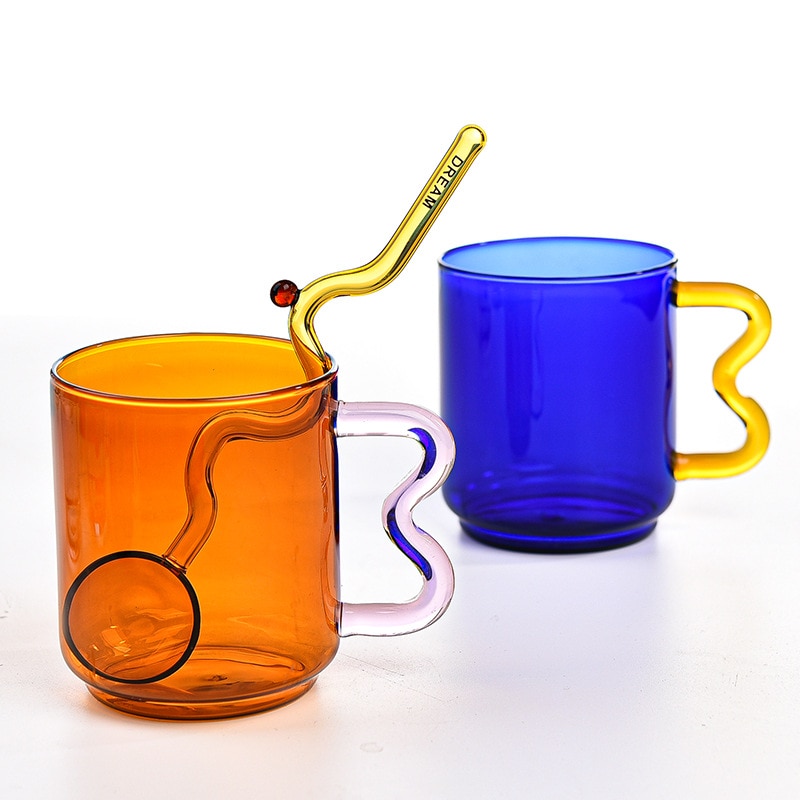 Tasse à café en verre coloré avec poignée d'oreille, tasse à expresso, pour jus de fruit, pour le bureau, pour le petit déjeuner, couleur contrastée,