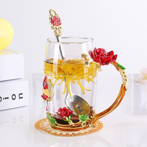 Röd blå ros emalj kristall tekopp kaffekopp fjärilsrosa målad blomma vattenkopp genomskinligt glas sked set  lb51232: Grå b