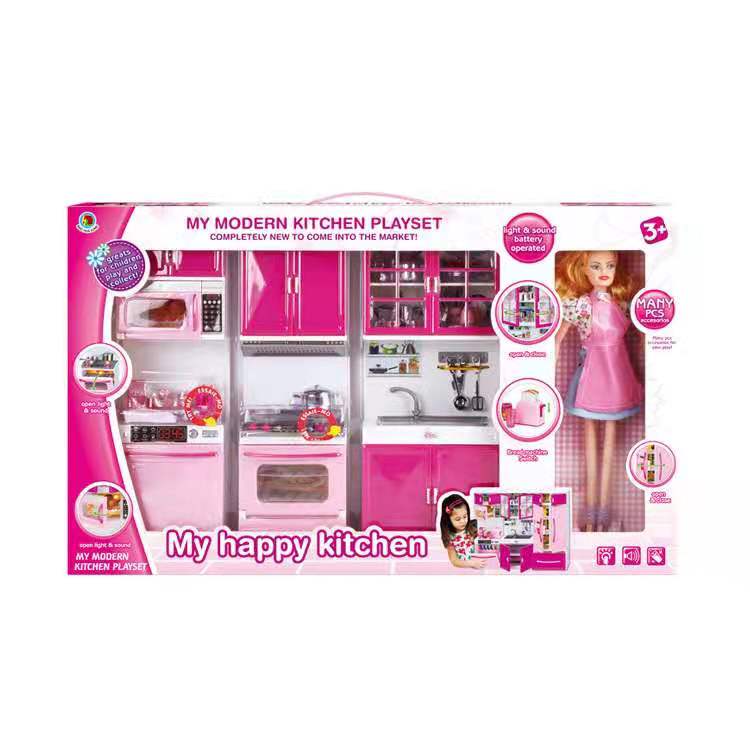 Pretend Play 3 in 1 Simulation Kitchen Set Cooking Cabinet Tool Tableware Dolls Suits Toys Puzzle Educational Doll for Girls: 6924-3